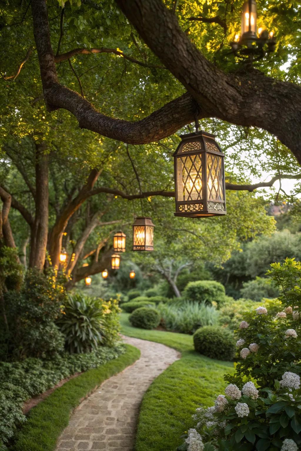 Create a fairy-tale atmosphere by hanging lanterns in your trees.