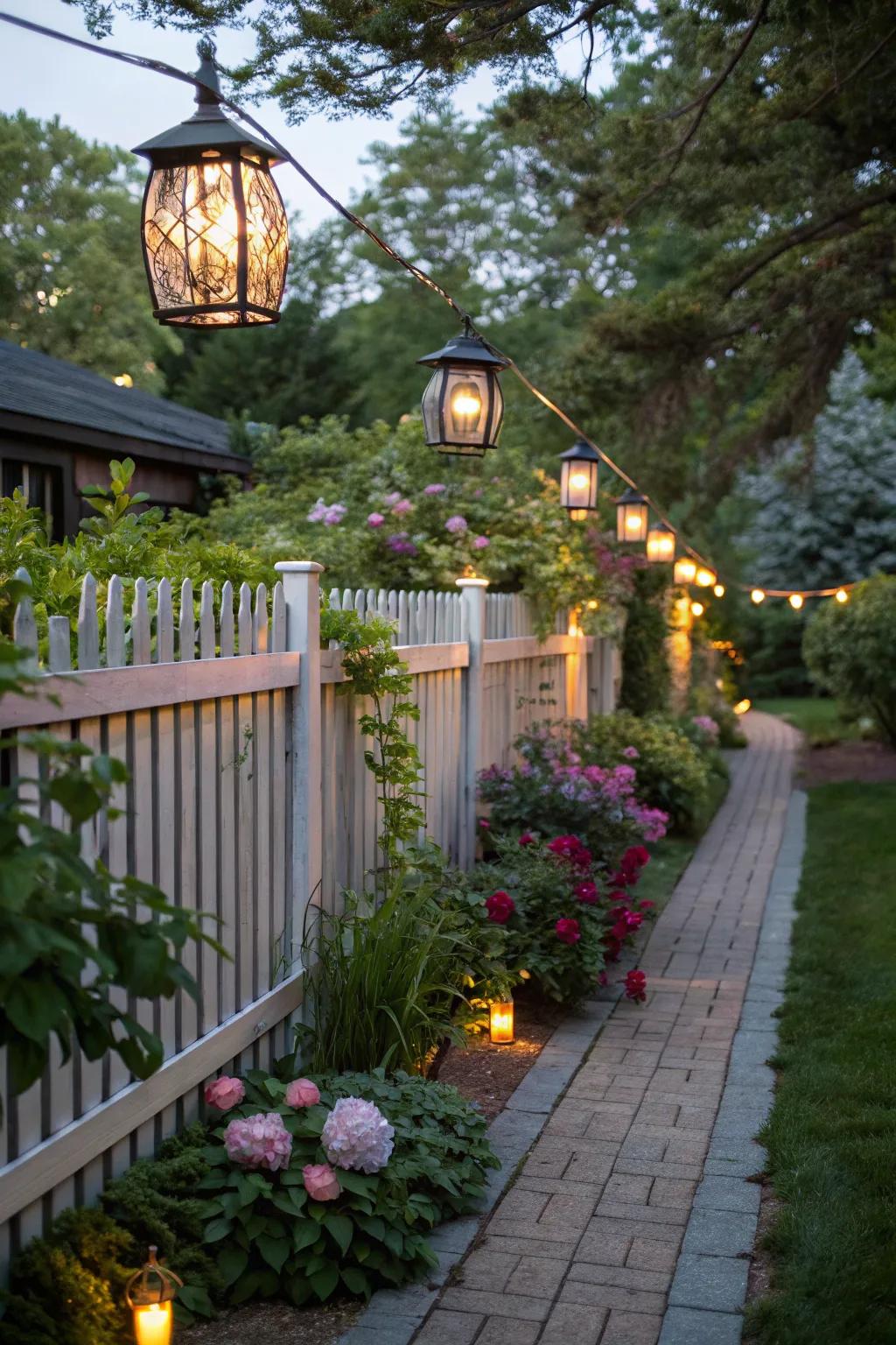 Add charm to your garden fence with hanging lanterns.
