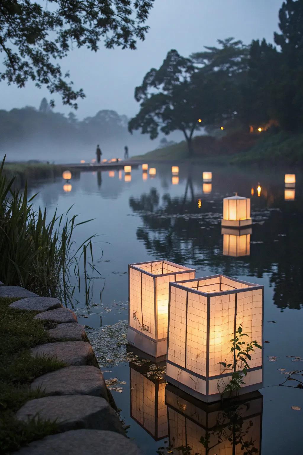 Create a magical ambiance with floating lanterns on water.