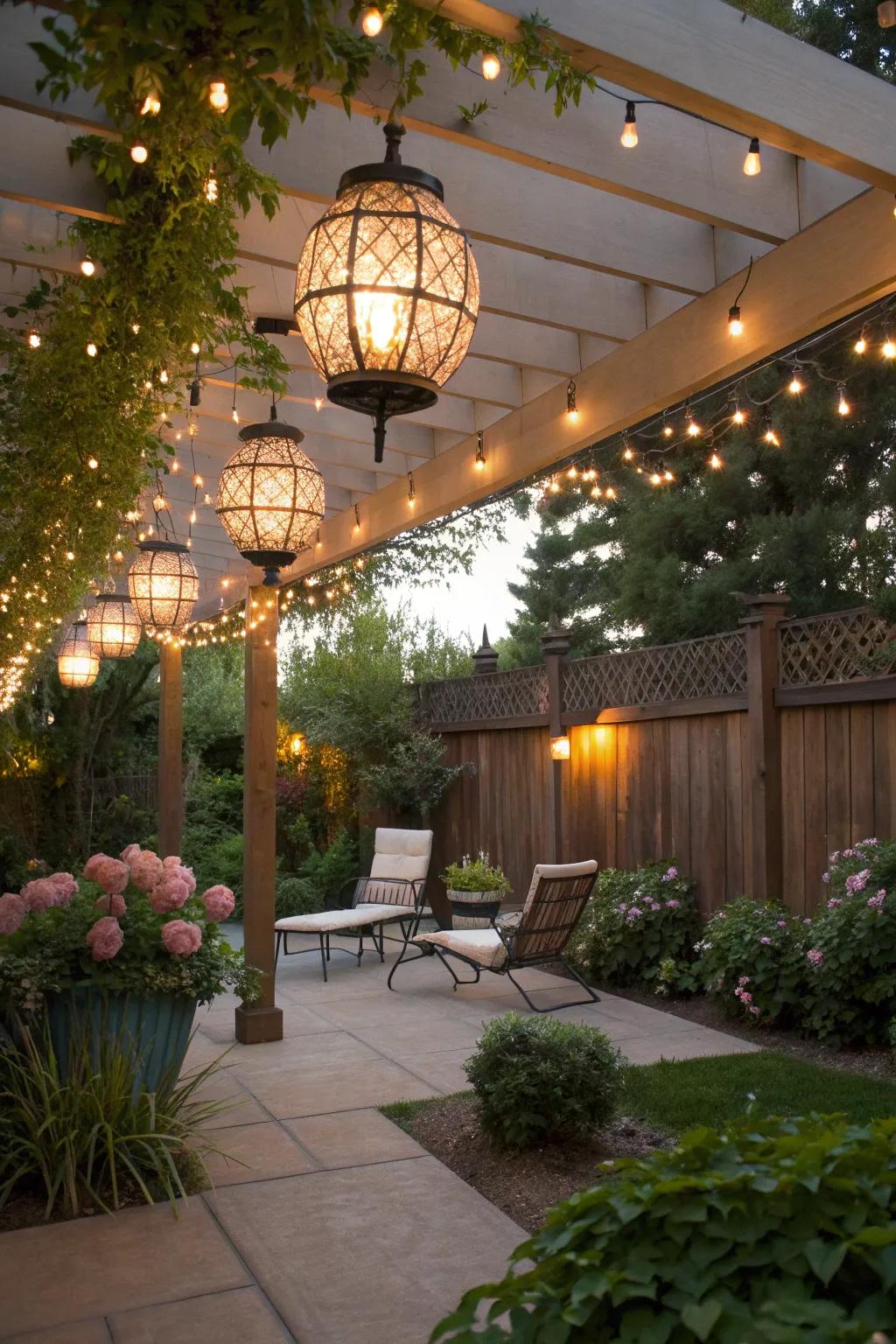 Create a festive atmosphere by mixing lanterns with string lights.