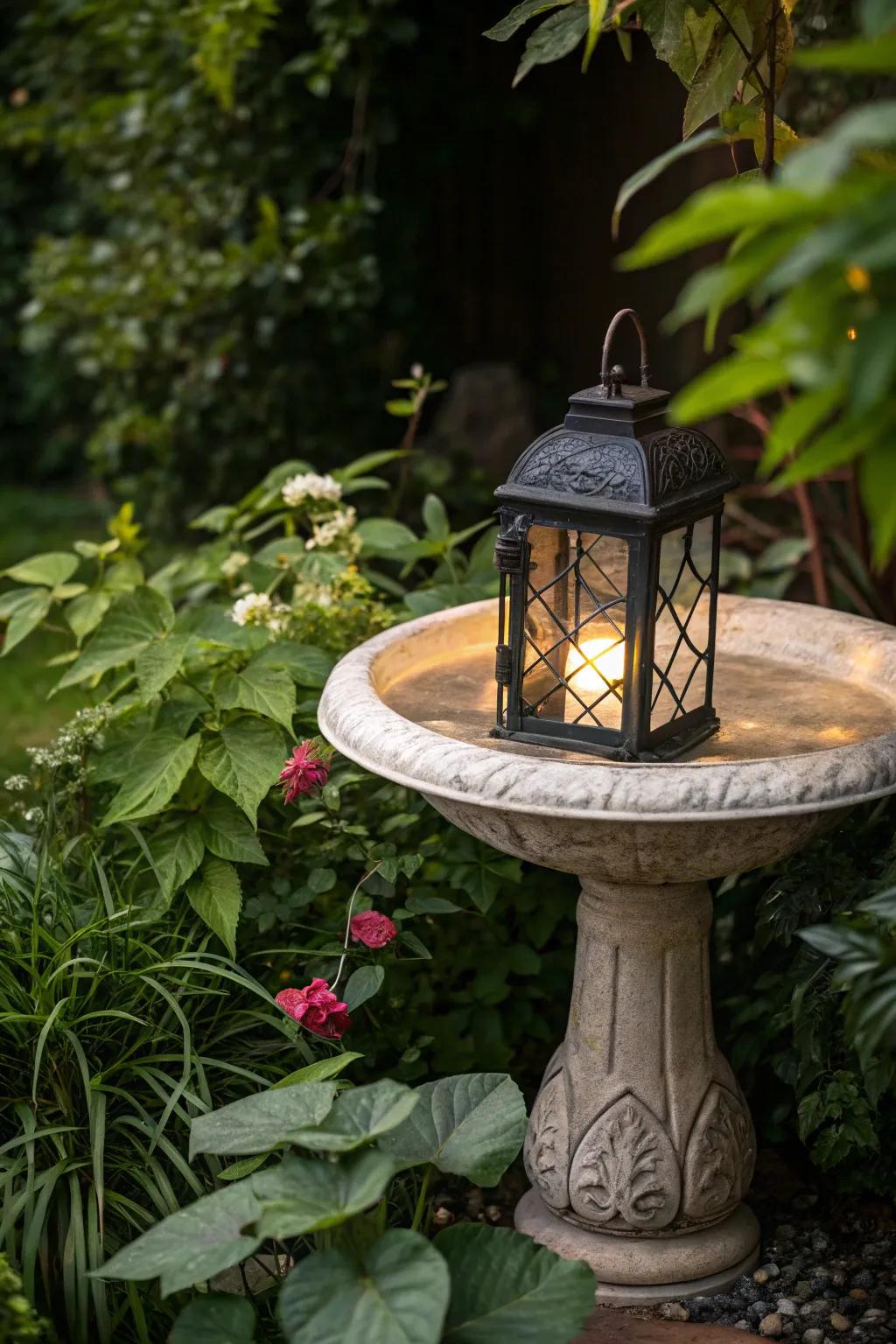 Give new life to a birdbath with a lantern centerpiece.