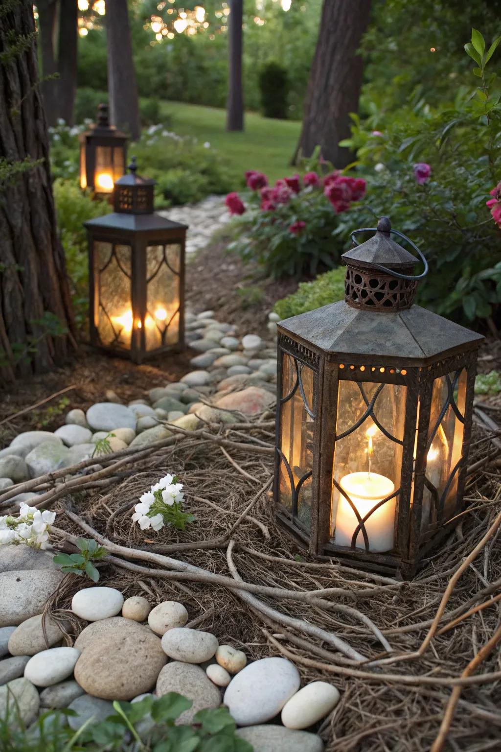 Blend natural beauty with rustic lantern charm.