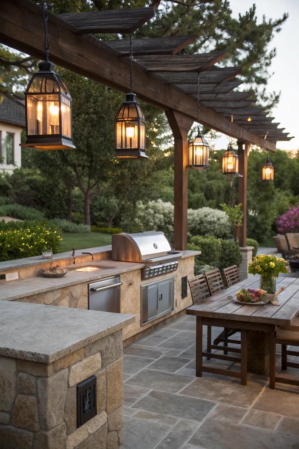 Enhance your outdoor cooking area with functional lantern lighting.