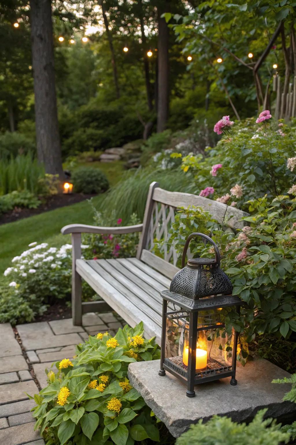 Invite relaxation with a lantern-lit garden bench.