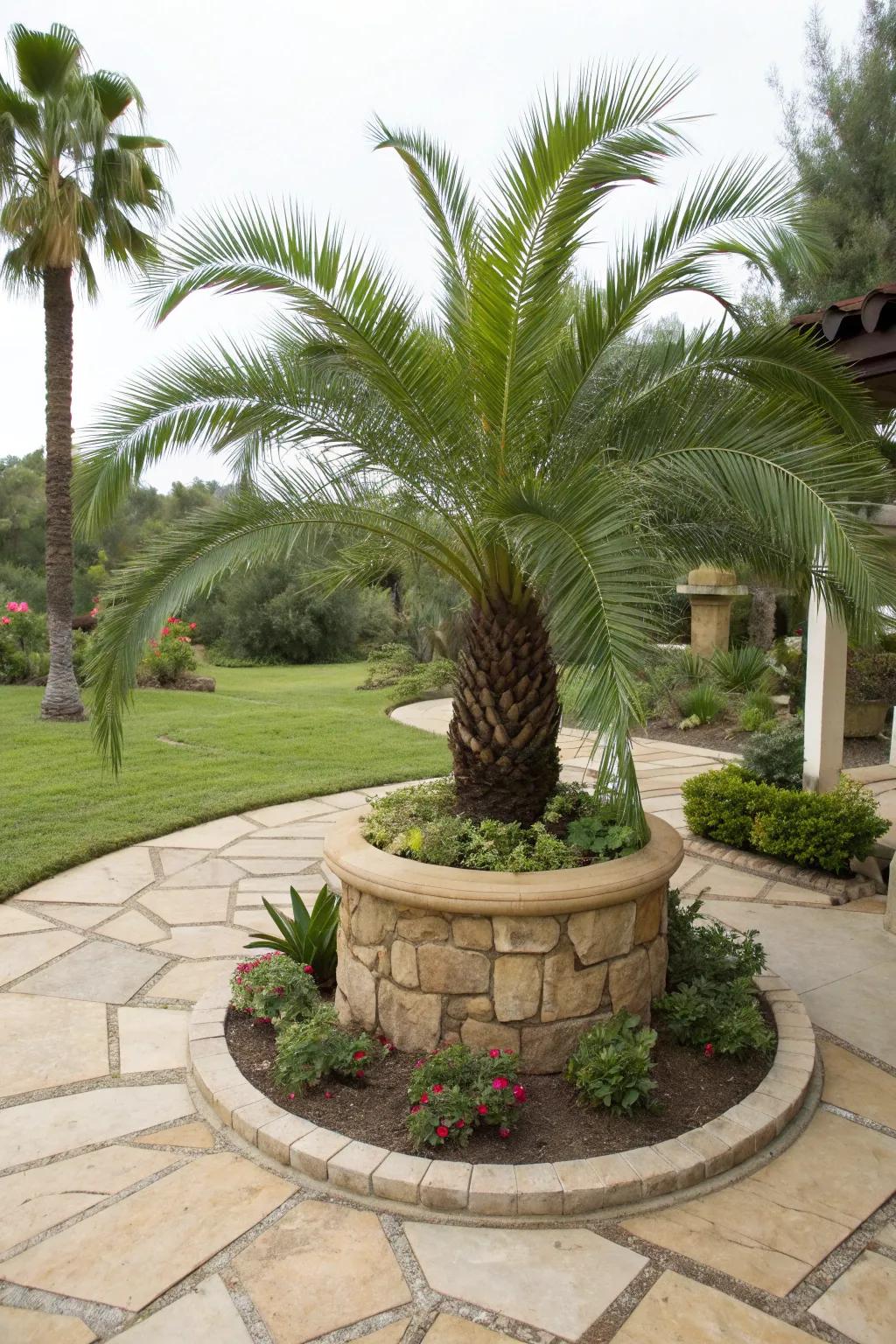 Flagstone creates a whimsical foundation for palm planters.