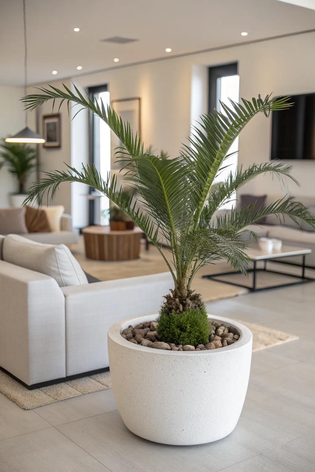 Minimalist planters enhance the natural beauty of palm trees.