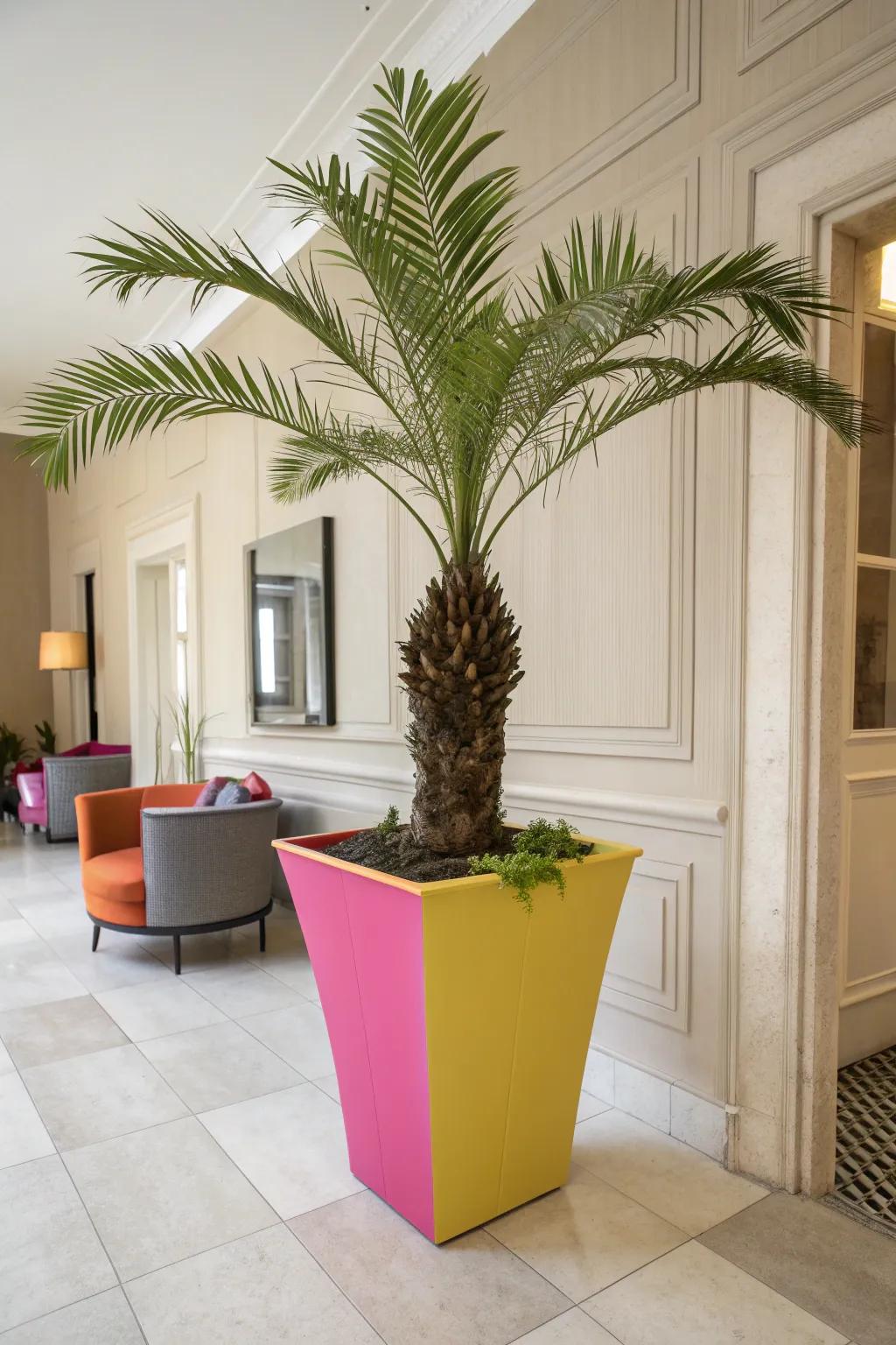 Colorful planters make palm trees the focal point of any space.