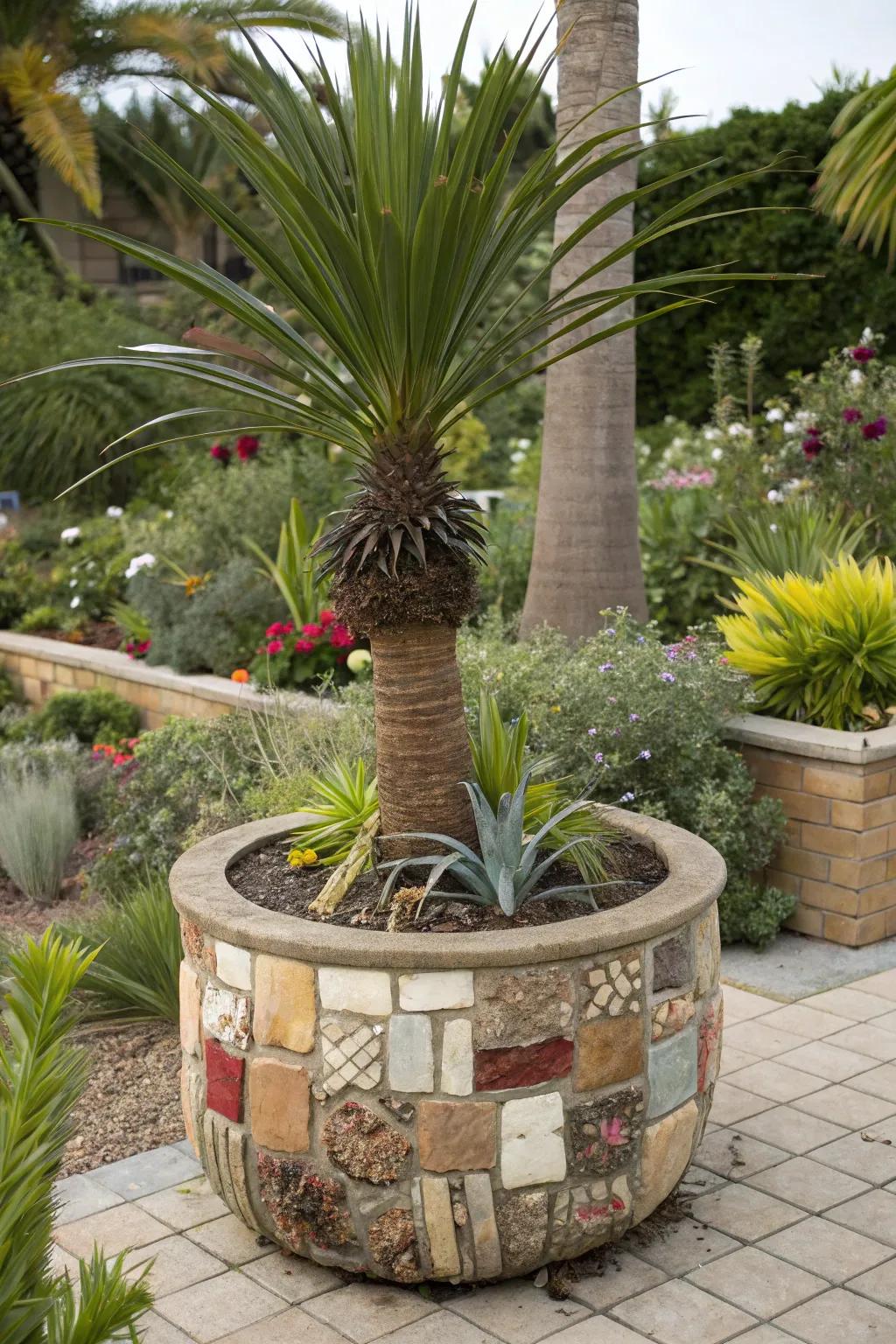 Mixed-material planters offer contemporary, eclectic appeal.