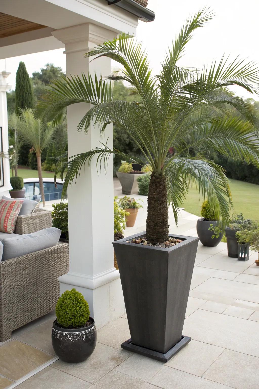 Tall planters accentuate the vertical beauty of palm trees.