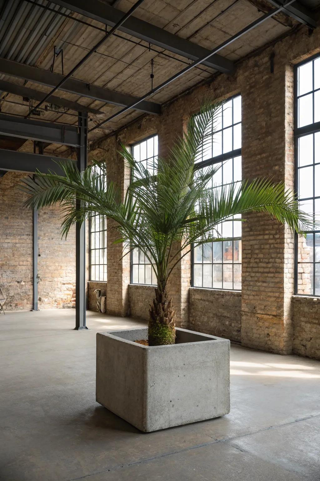 Concrete planters provide a raw, industrial edge to palm displays.