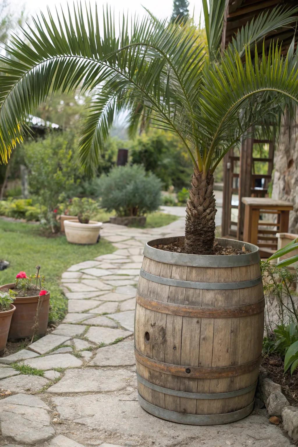 Wooden barrels add rustic charm and warmth to palm planters.