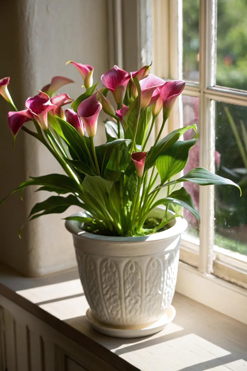 Pink calla lilies in a classic ceramic pot add elegance to any space.