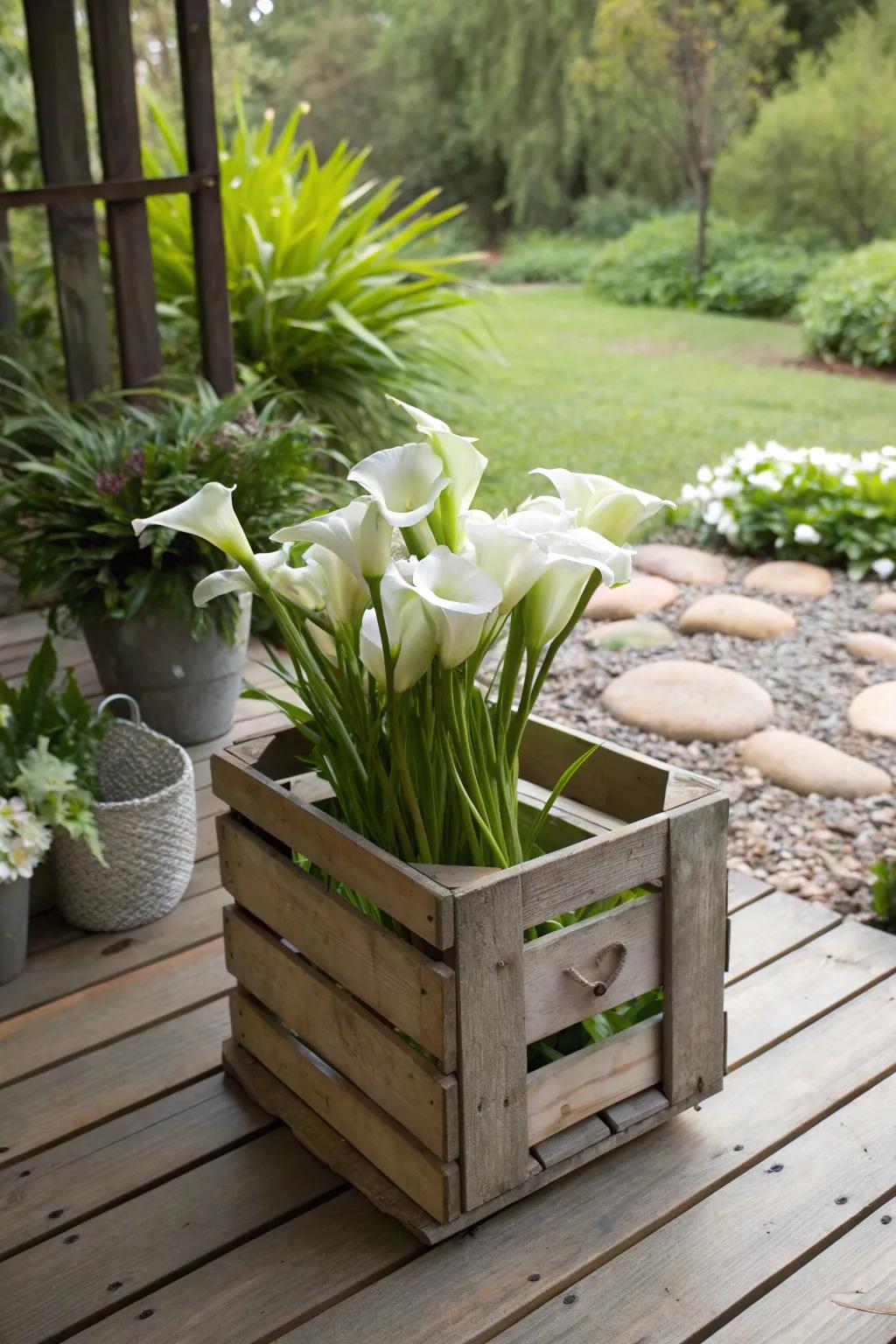 Rustic charm with calla lilies in a wooden crate on a deck.