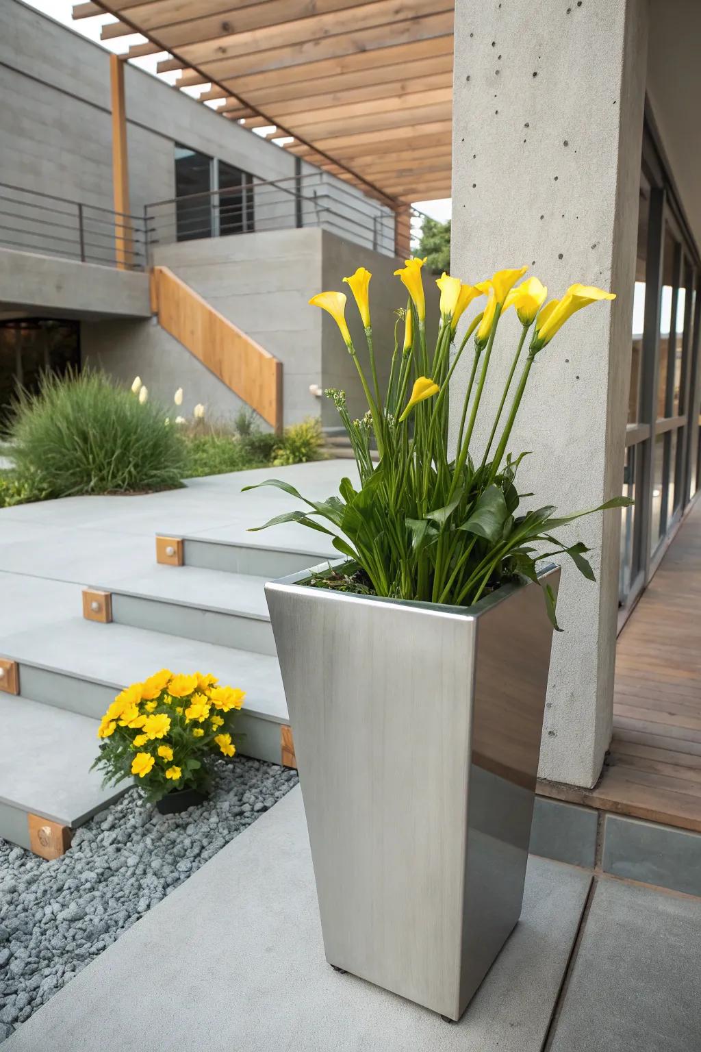 Yellow calla lilies shine in a sleek metal planter.