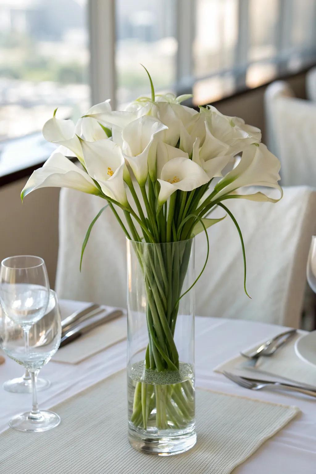 White calla lilies elegantly displayed in a glass vase.