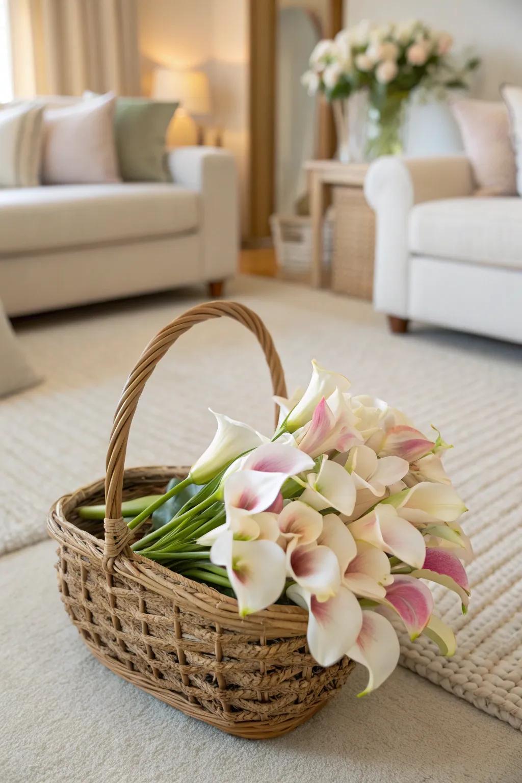 Warm and inviting, calla lilies in a wicker basket.