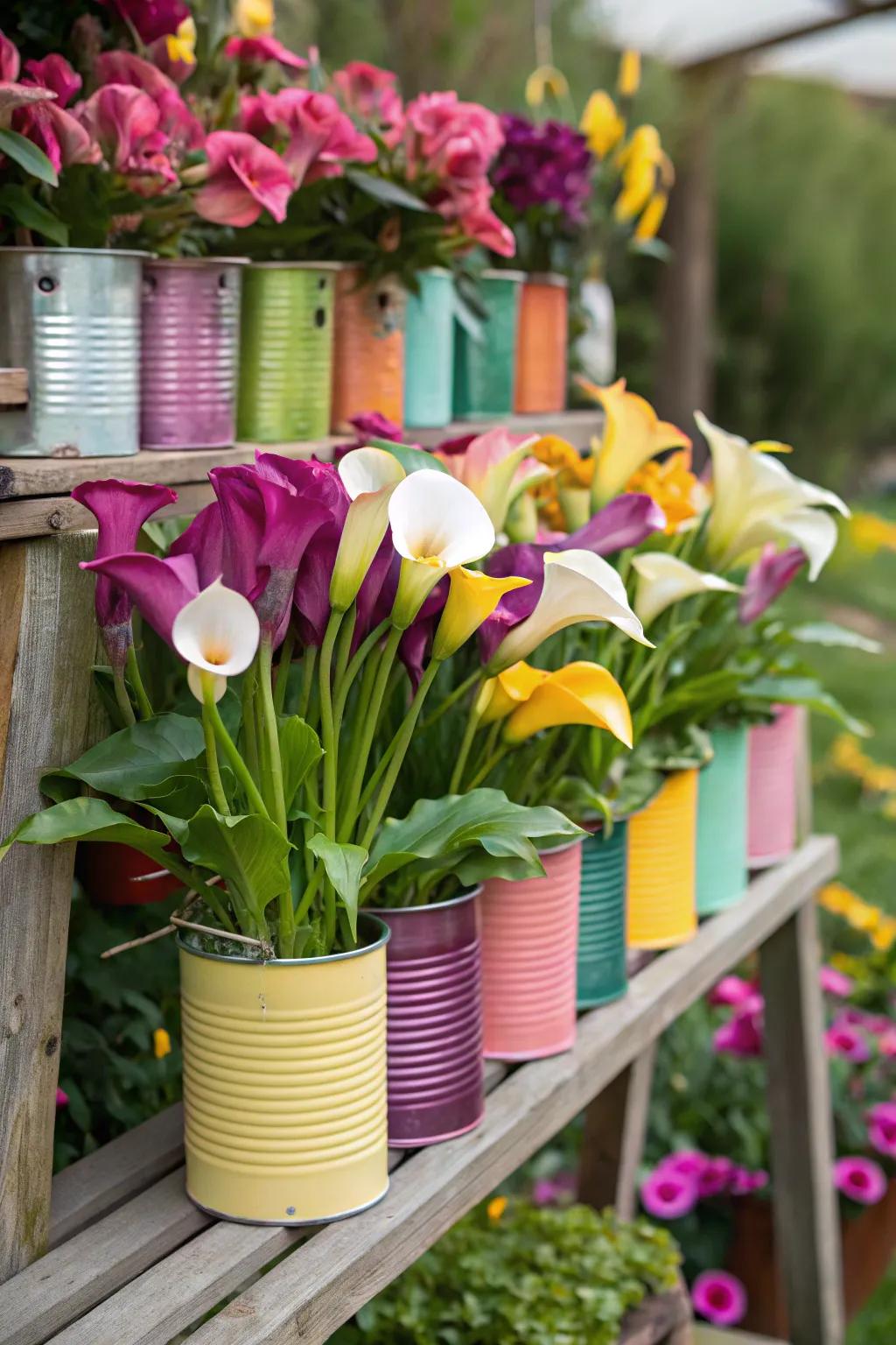 A creative twist with calla lilies in repurposed tin cans.