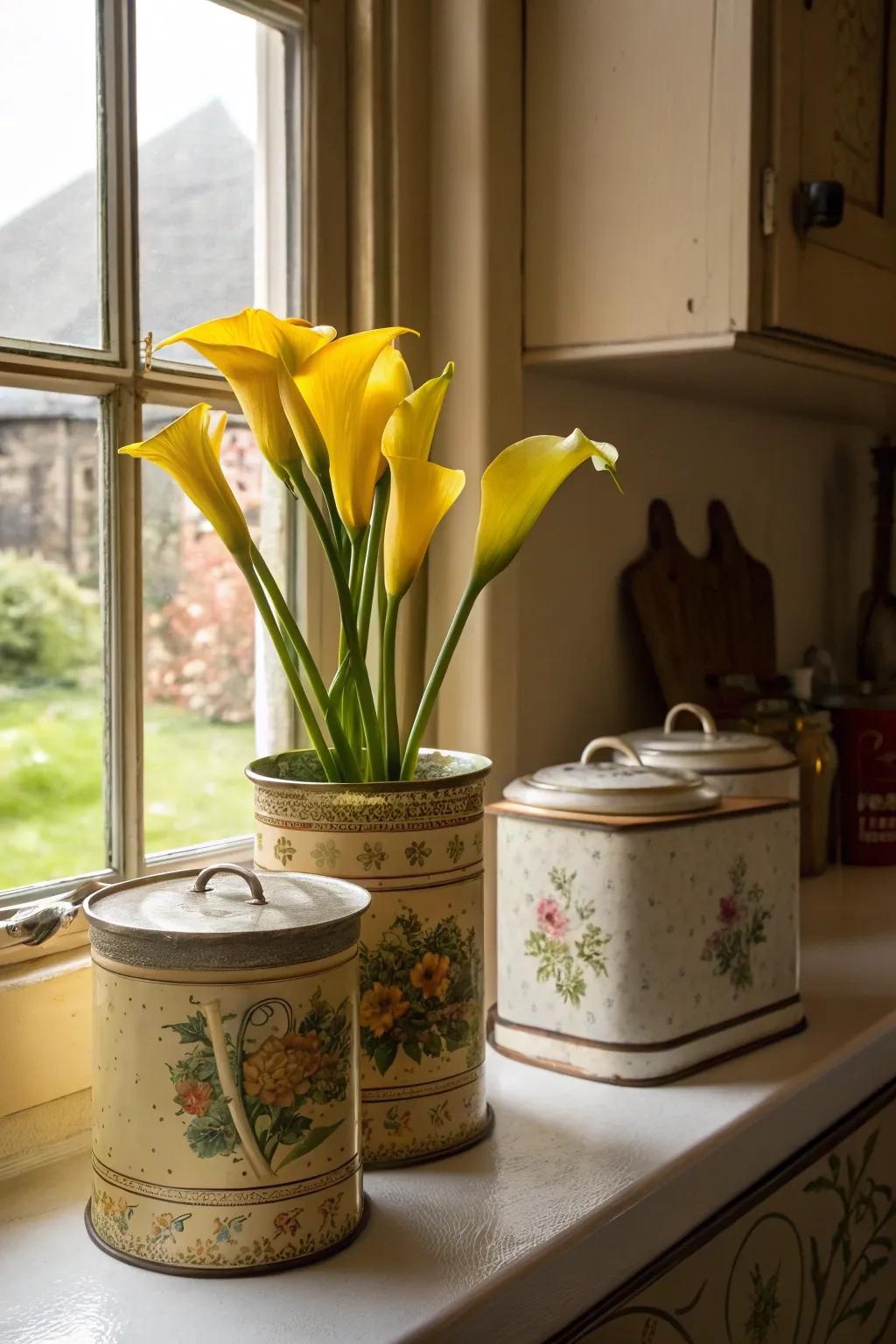 A nostalgic touch with calla lilies in vintage tea tins.