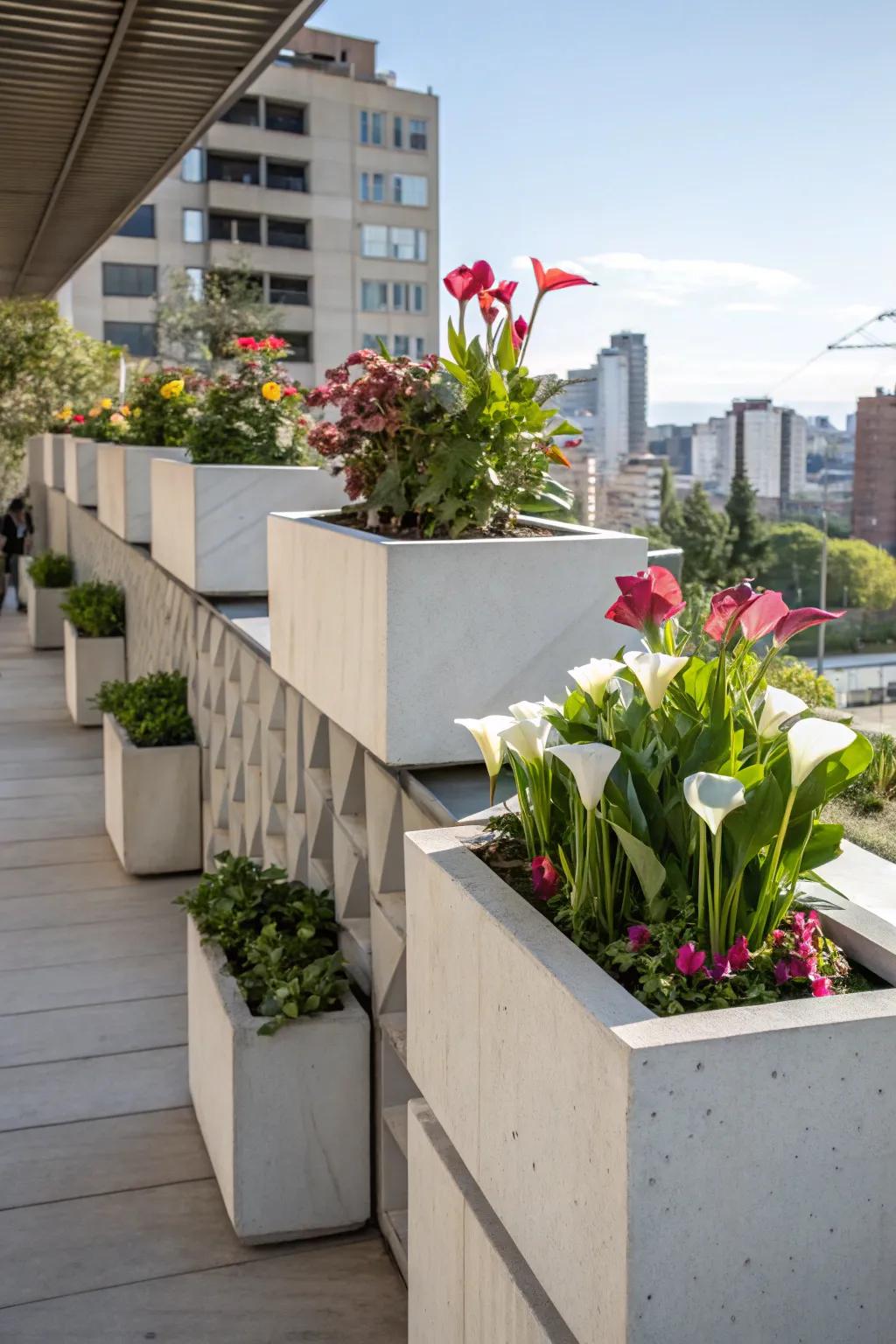 Modern elegance with calla lilies in geometric concrete planters.