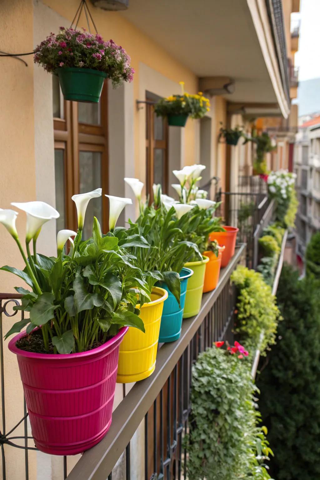 Eco-friendly beauty with calla lilies in recycled plastic pots.