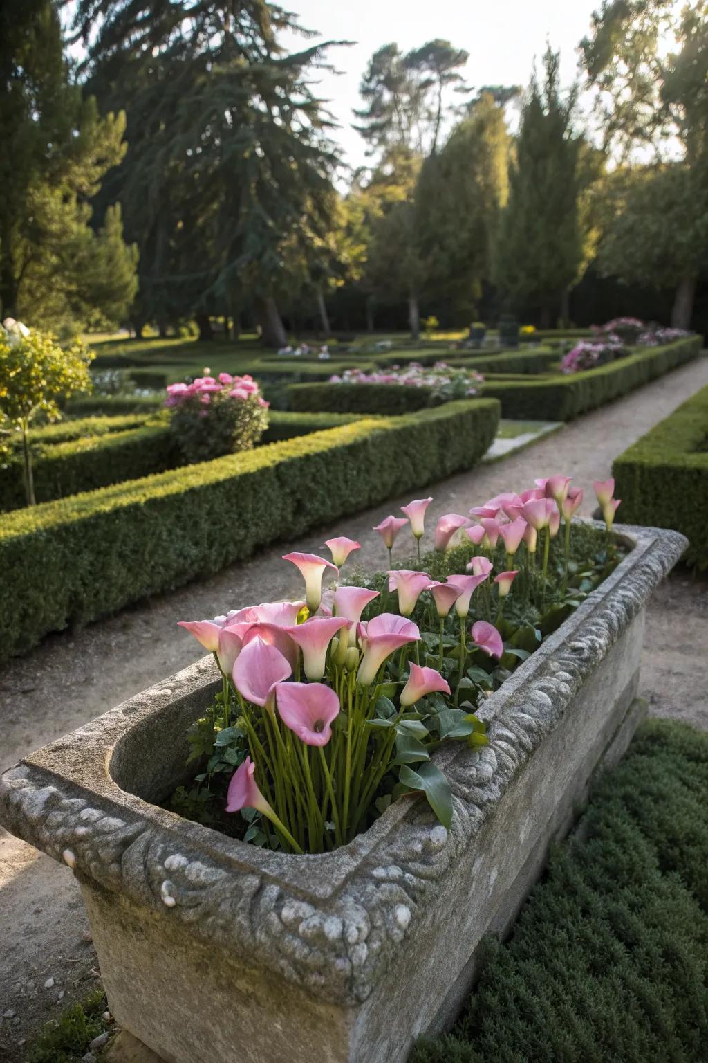 Sophisticated charm with calla lilies in a stone trough.