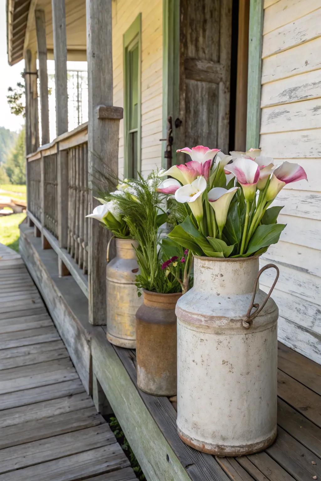 Vintage charm with calla lilies in antique crocks.