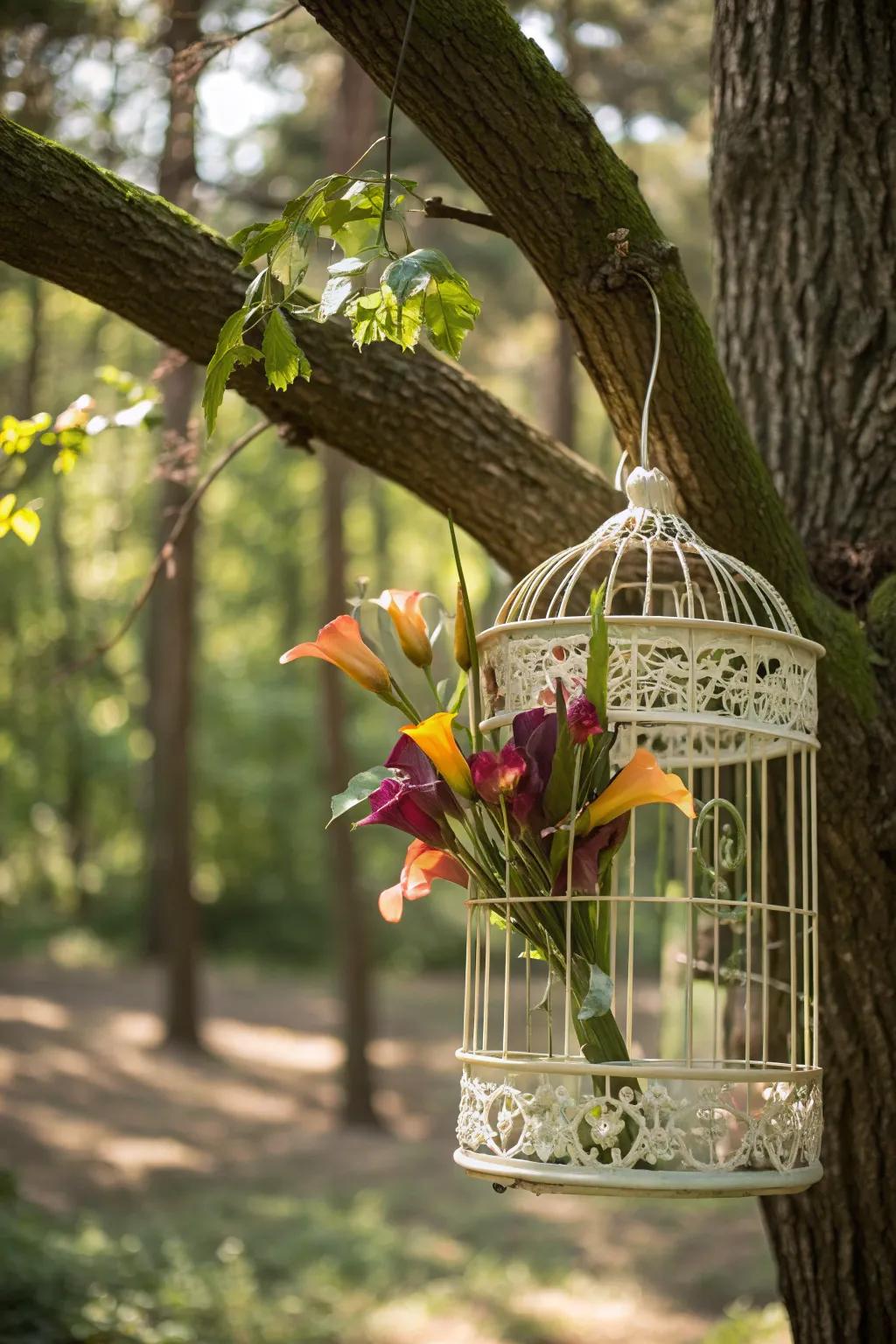 Whimsical delight with calla lilies in a repurposed birdcage.