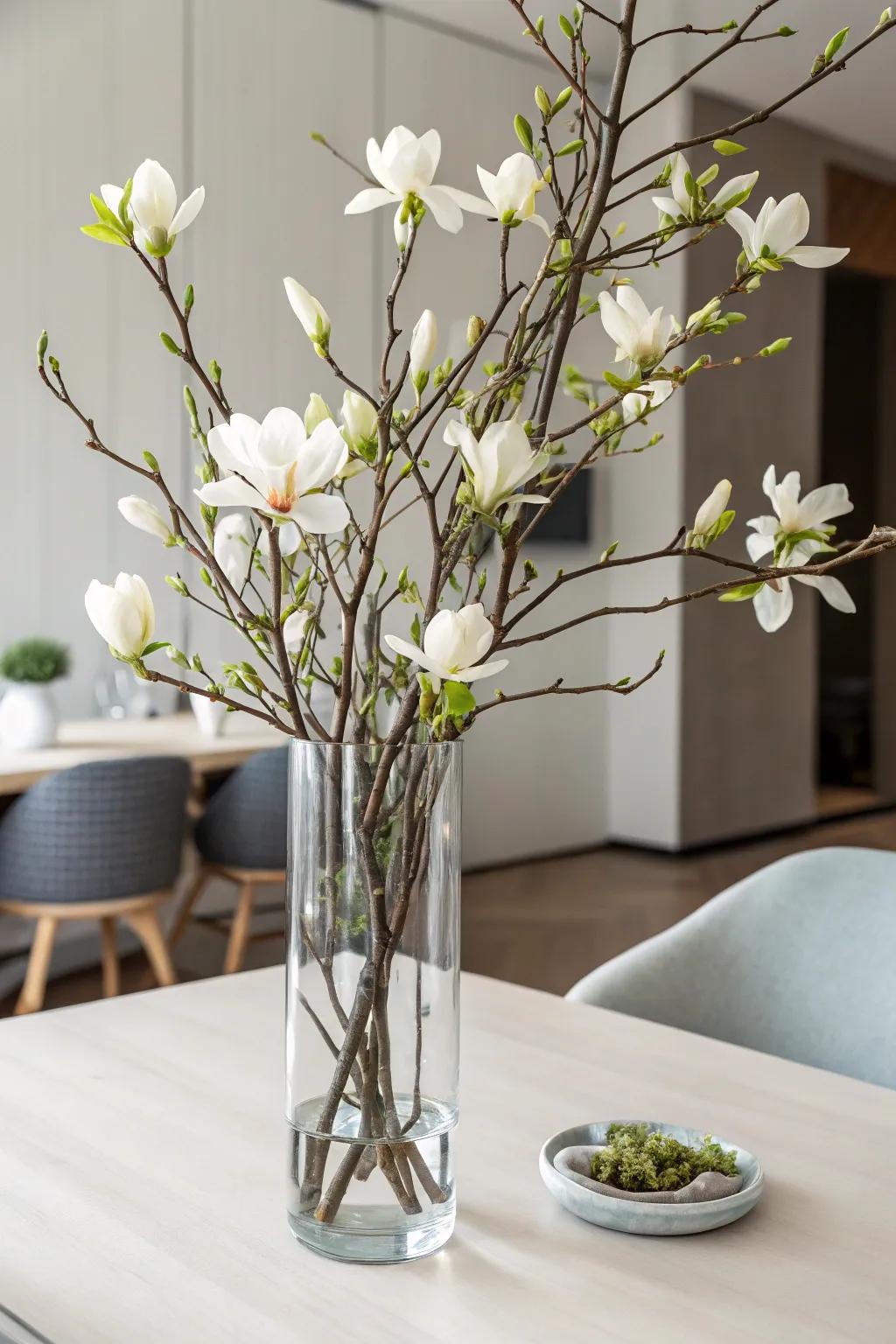 Magnolia branches in a glass vase offer a simple yet elegant touch.