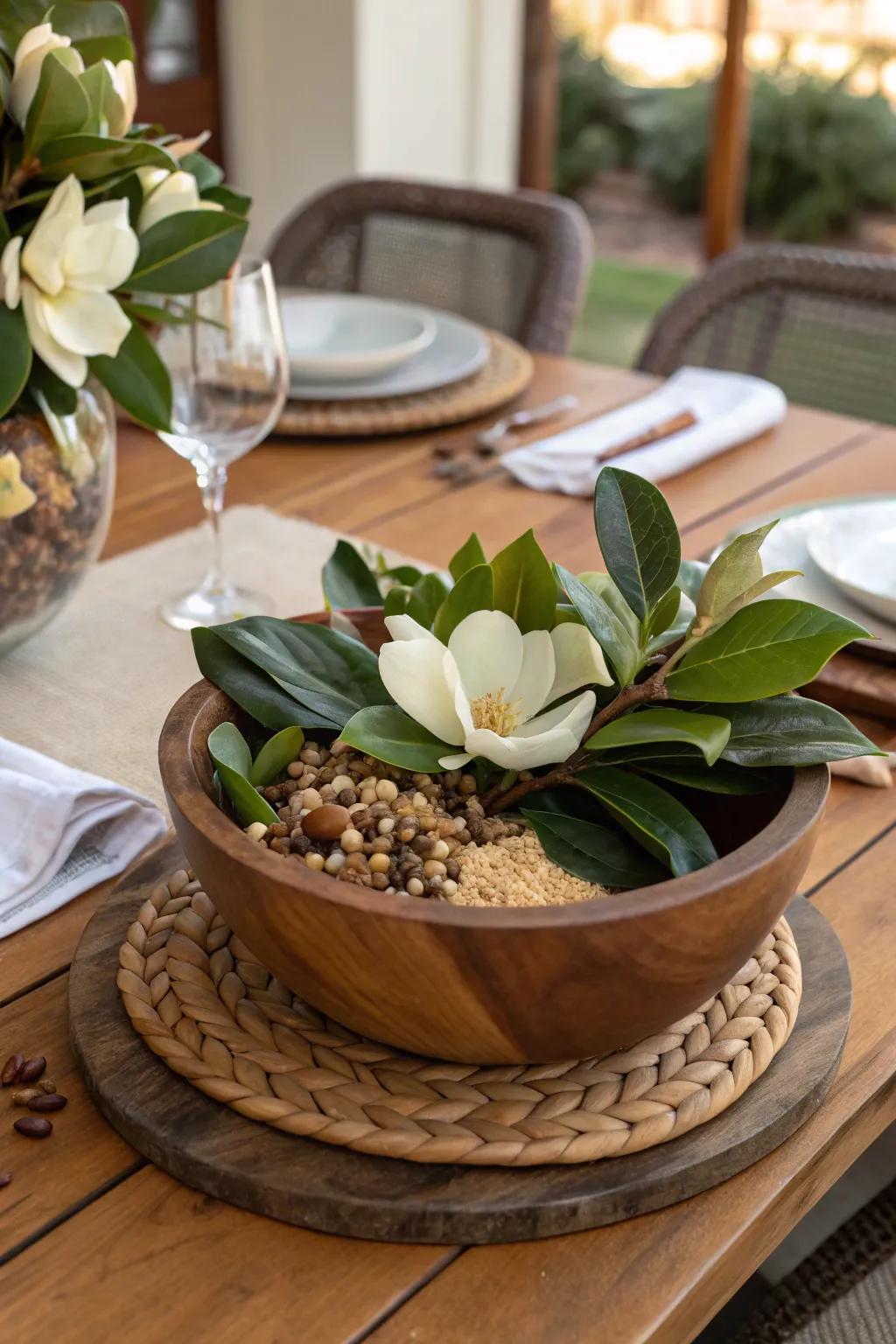 A rustic wooden bowl filled with magnolia leaves creates a warm centerpiece.