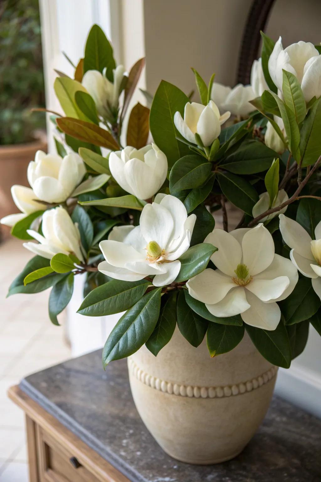 White magnolias and greenery create a harmonic centerpiece.