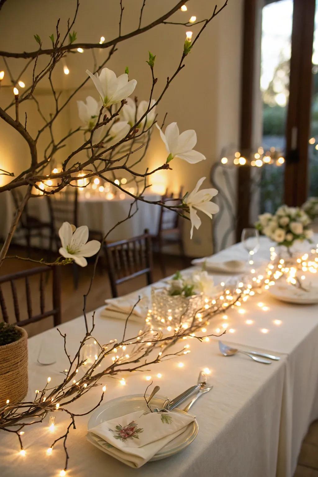 A quick and easy magnolia centerpiece with fairy lights.