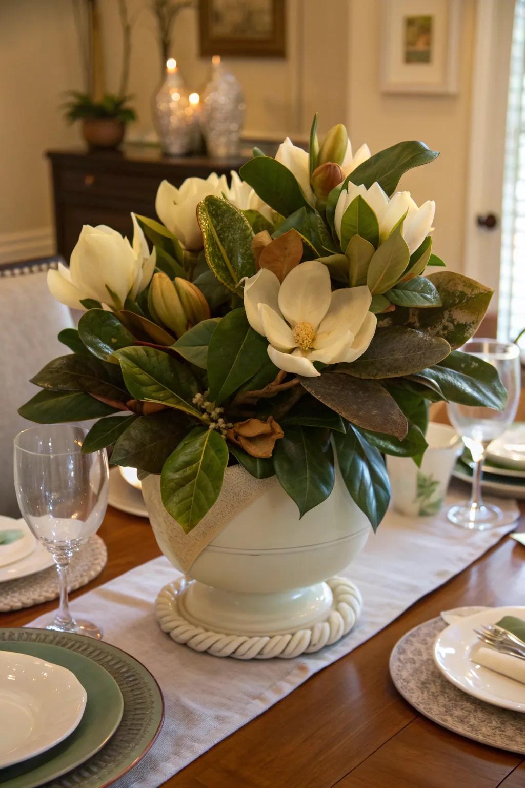 Ceramic containers add charm to a magnolia centerpiece.