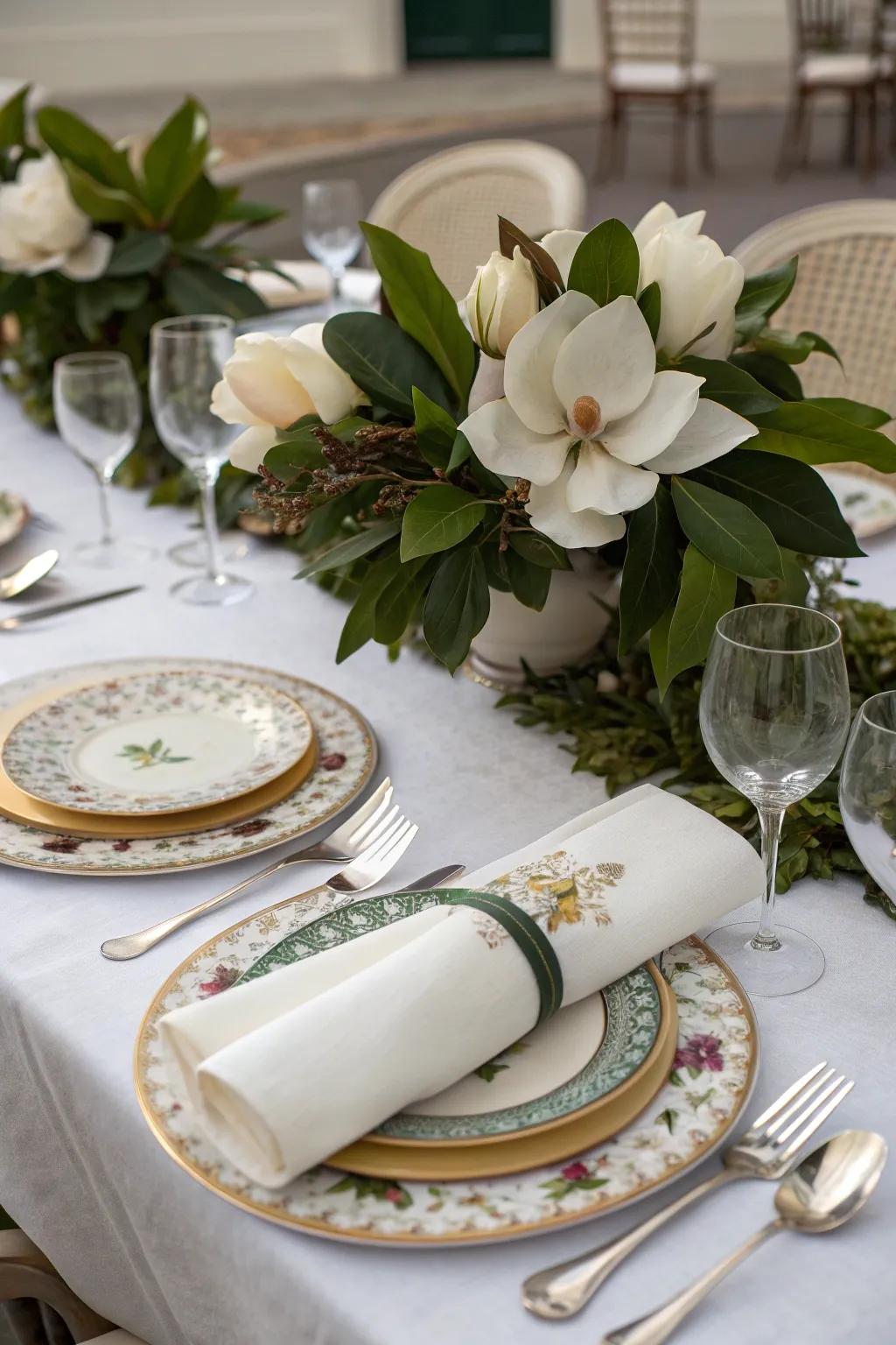 Magnolias elevate a formal dining setting.