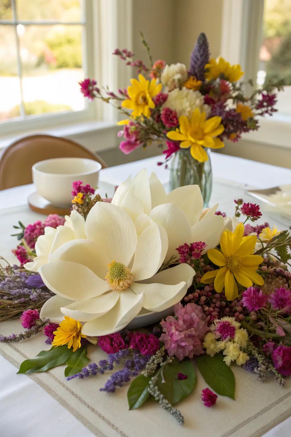 An eclectic mix of flowers highlights magnolia's beauty.