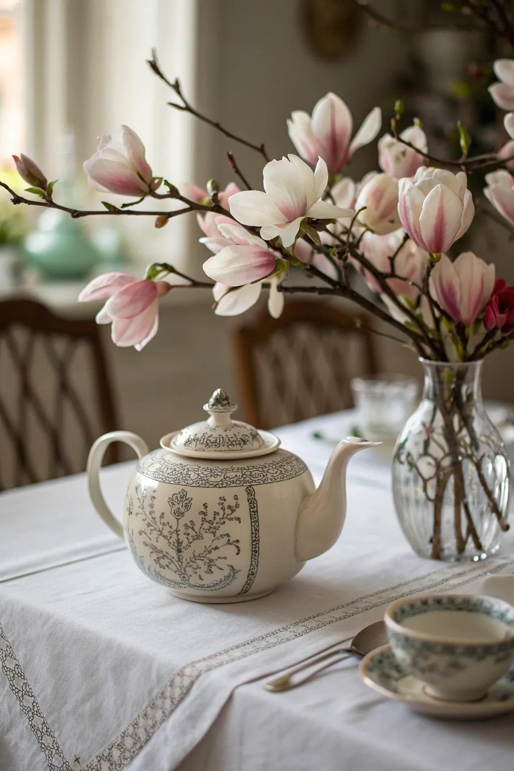 Vintage containers add nostalgic charm to magnolias.