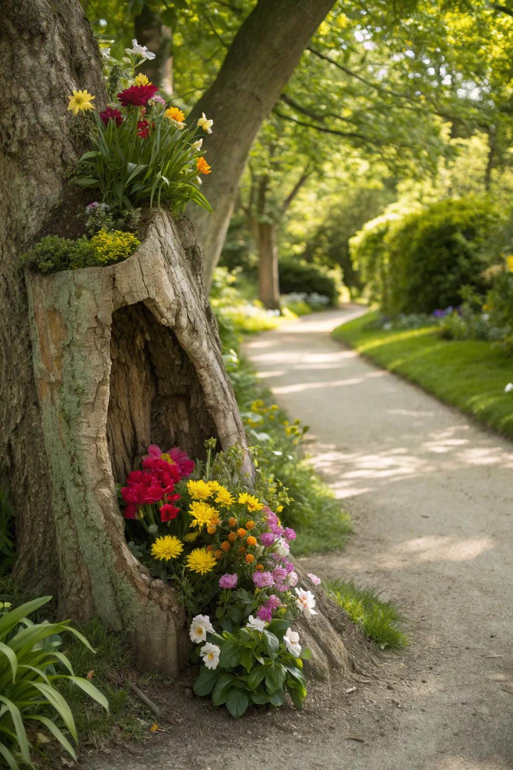 A tree trunk planter blooming with colorful flowers.