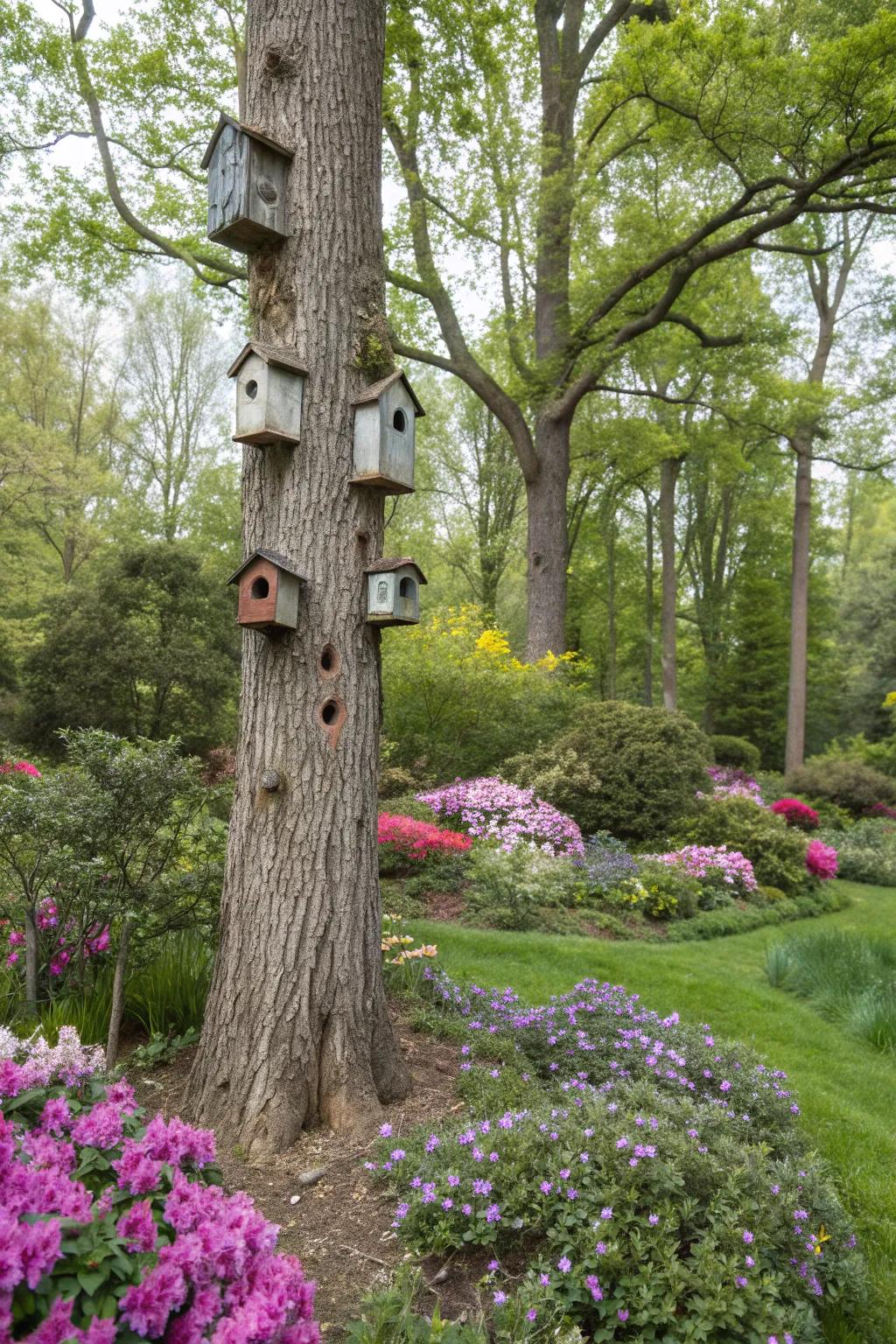 Tree trunk turned into a birdhouse haven.