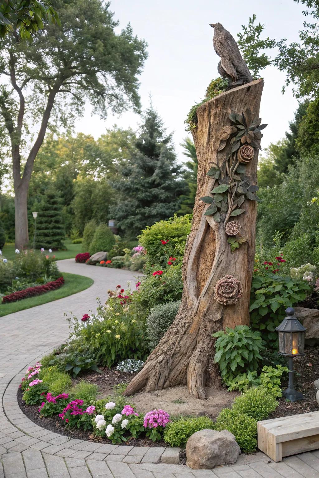 A carved tree trunk sculpture adds artistic flair.