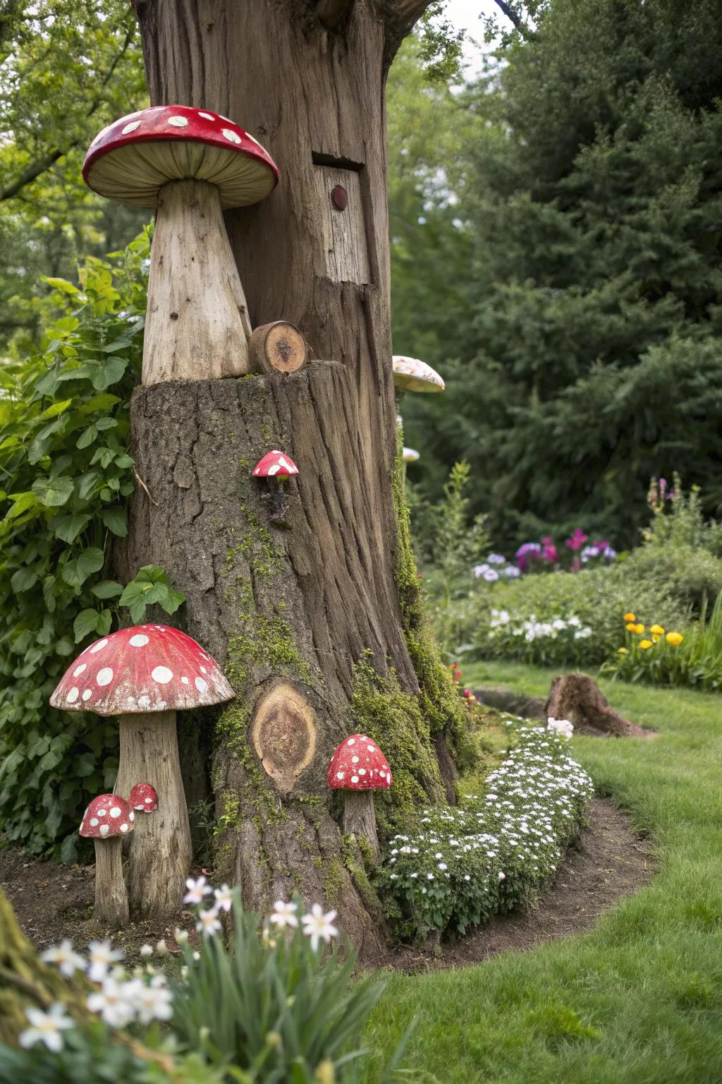 Whimsical mushroom decorations made from tree trunks.