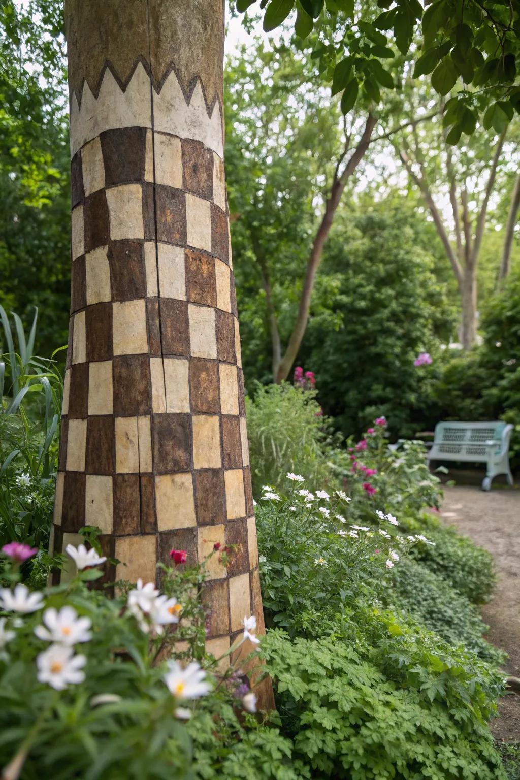 A tree trunk serving as an outdoor chessboard.