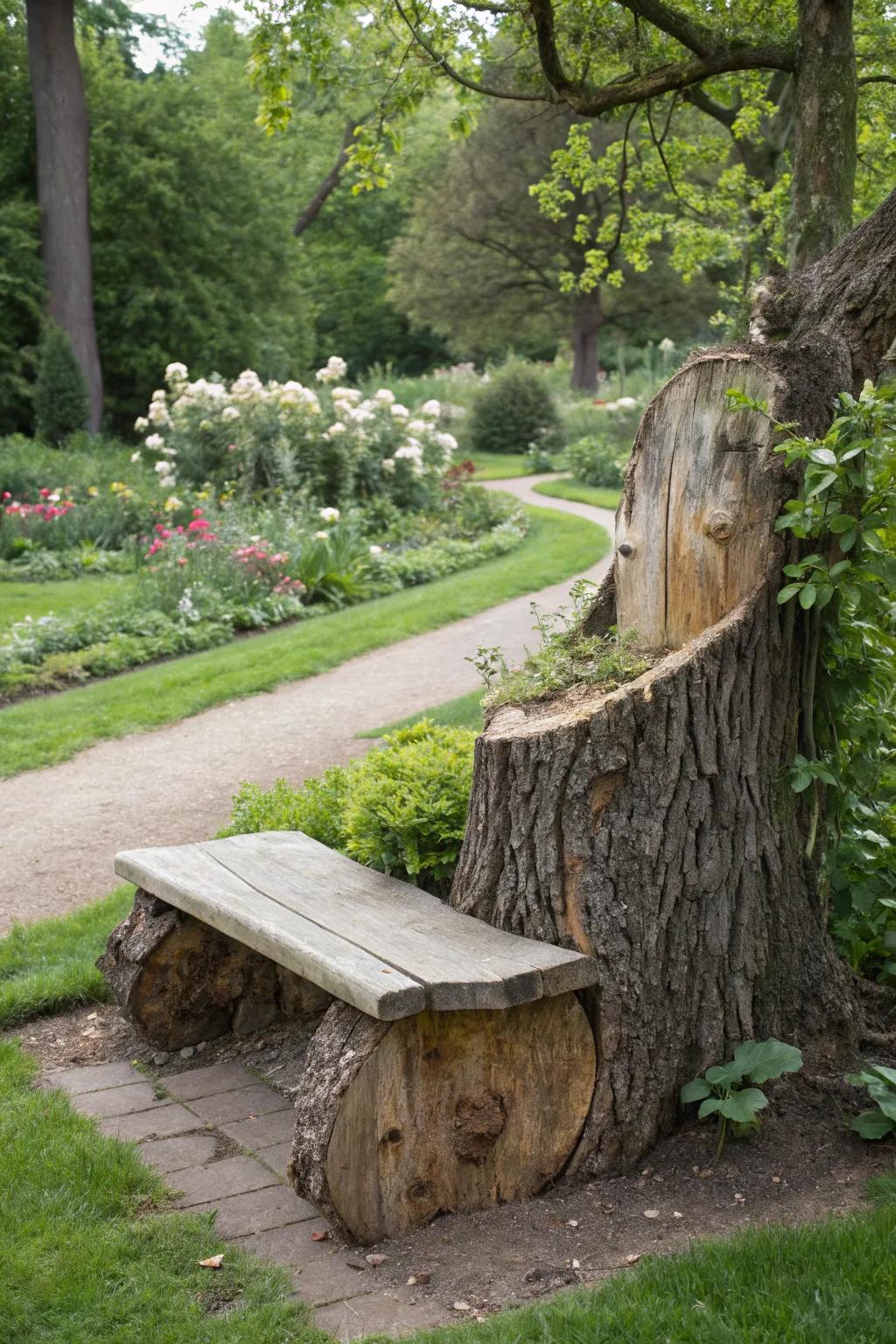 A tree trunk turned into a charming garden bench.