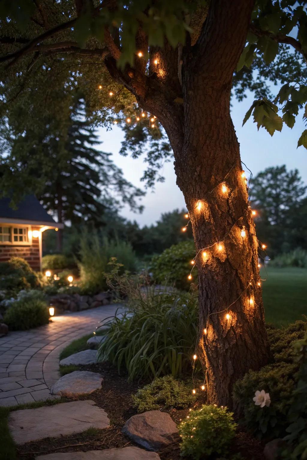 An illuminated tree trunk casting a warm glow.
