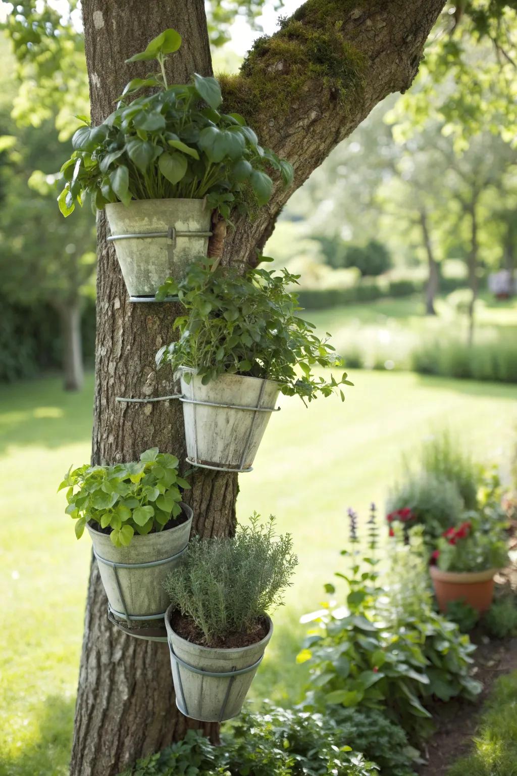 A vertical herb garden crafted from a tree trunk.