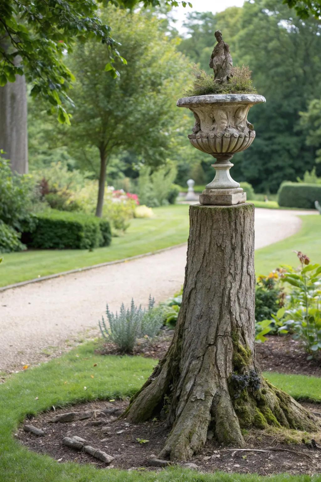 Tree trunk as a stand for garden art.