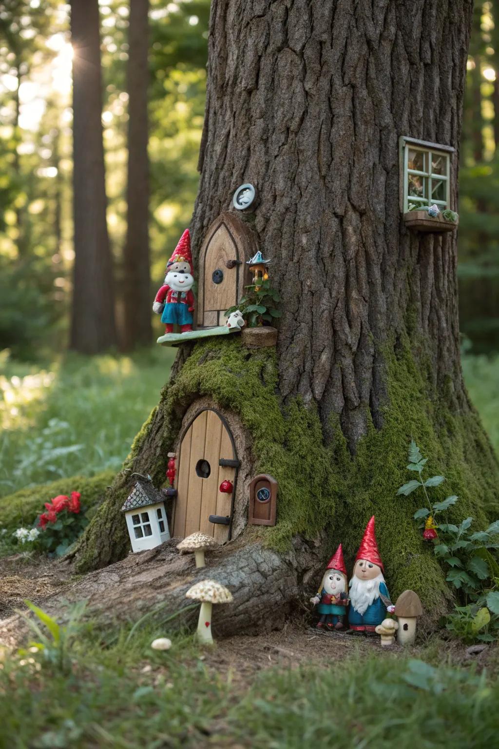 A charming gnome home nestled on a tree trunk.