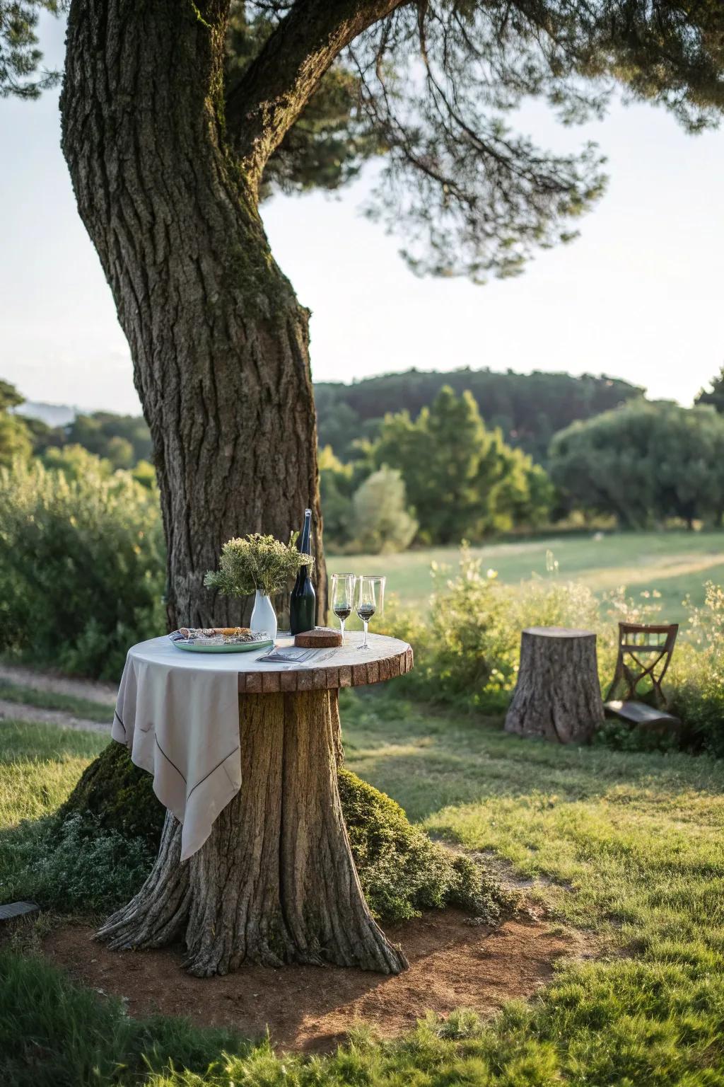 A tree trunk repurposed as a garden table.