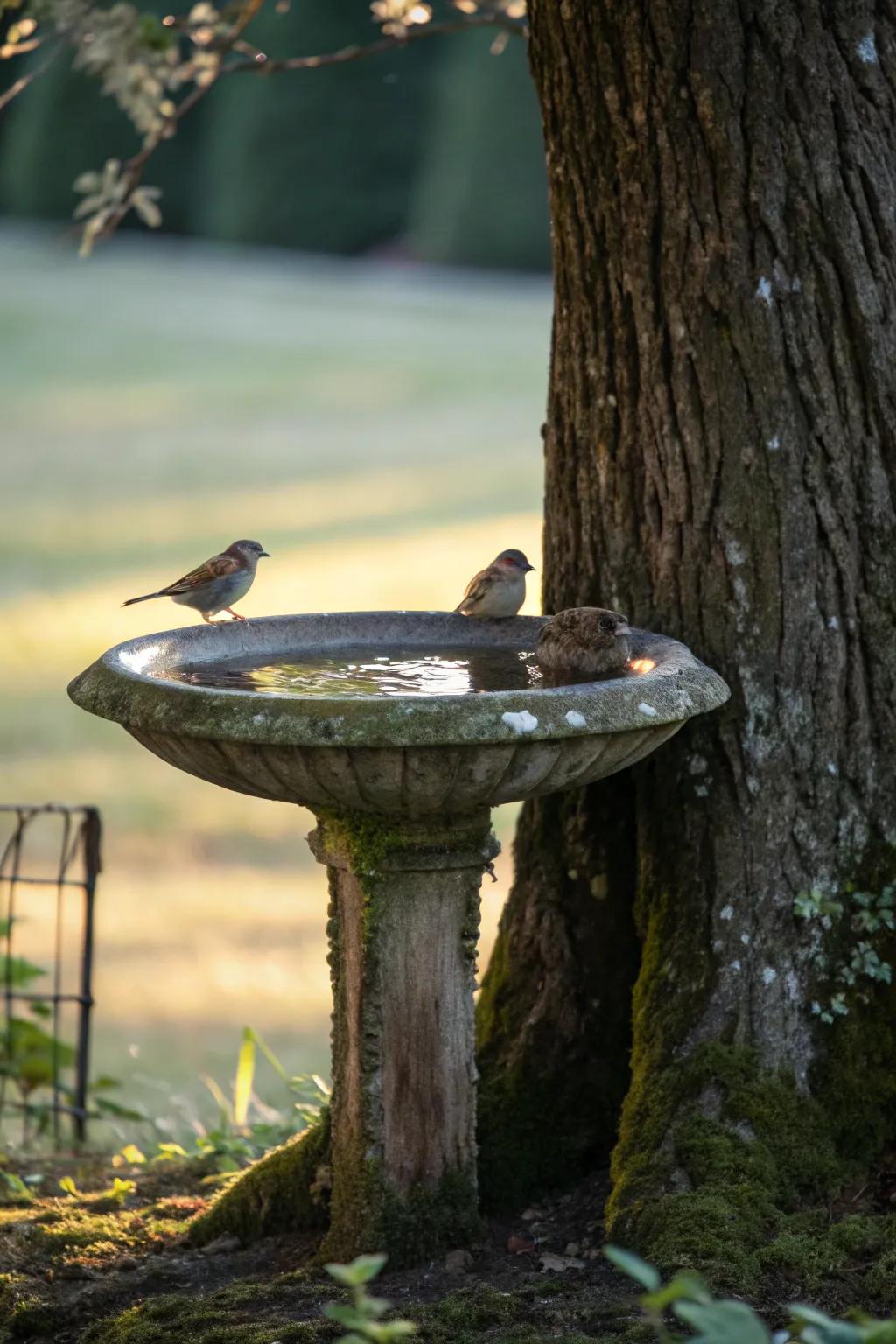 A peaceful bird bath atop a tree trunk.