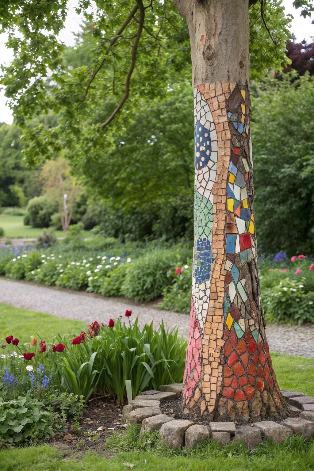 A tree trunk transformed into a mosaic masterpiece.