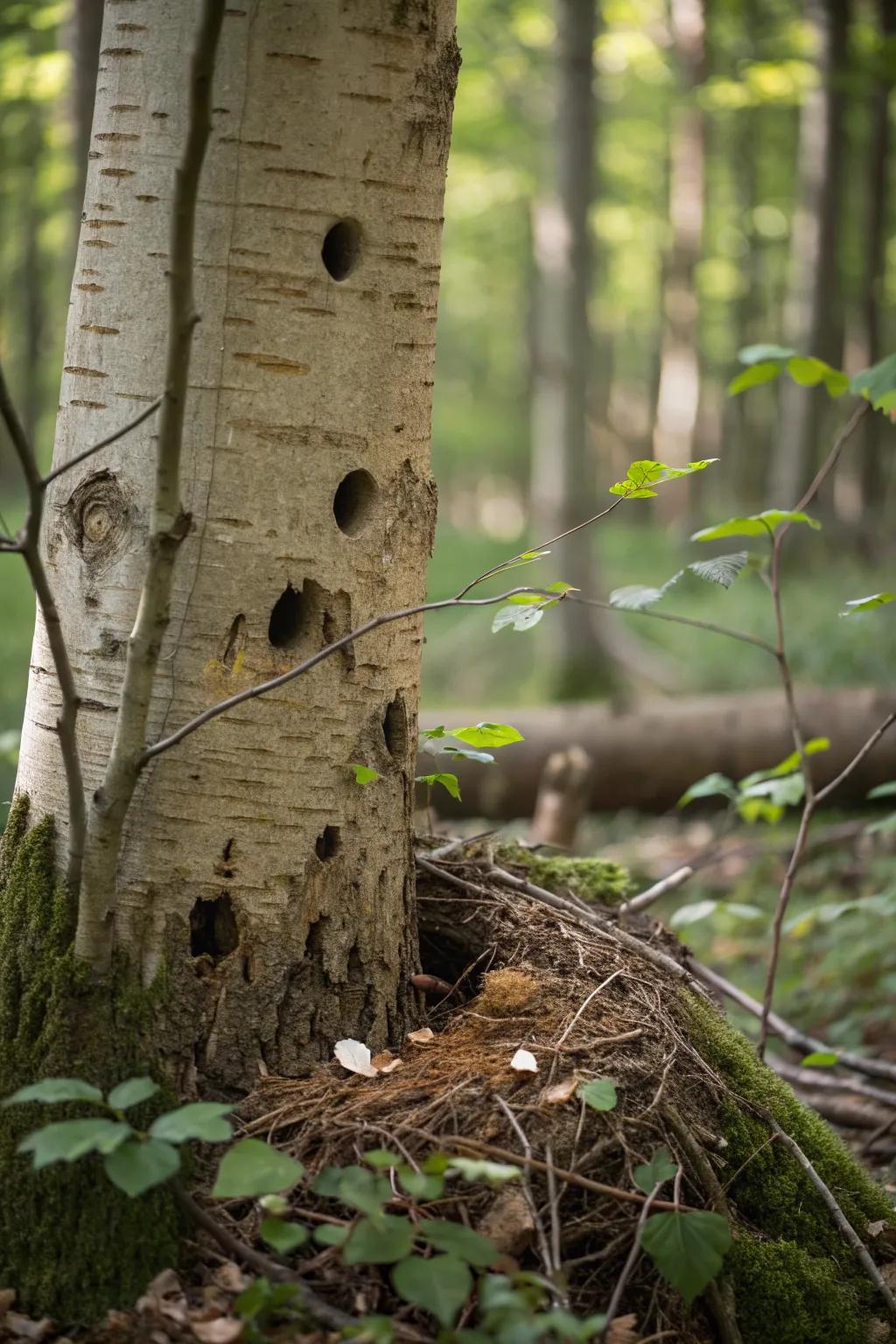 A tree trunk serving as a wildlife habitat.