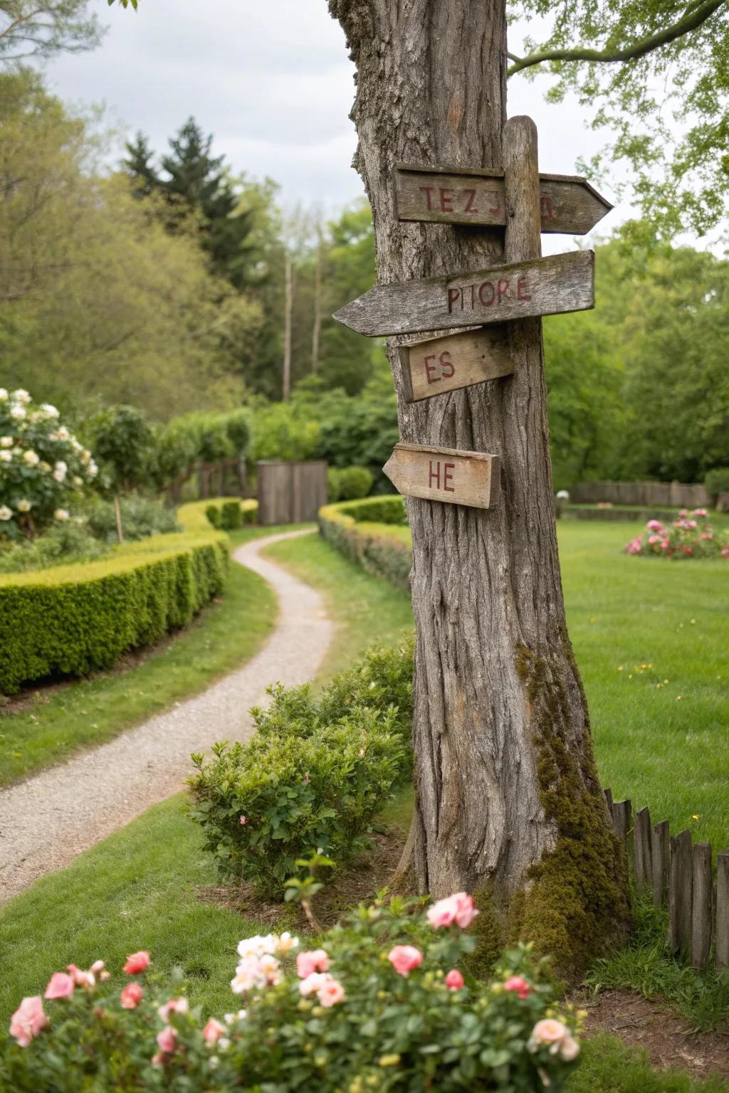 A tree trunk signpost guiding garden visitors.